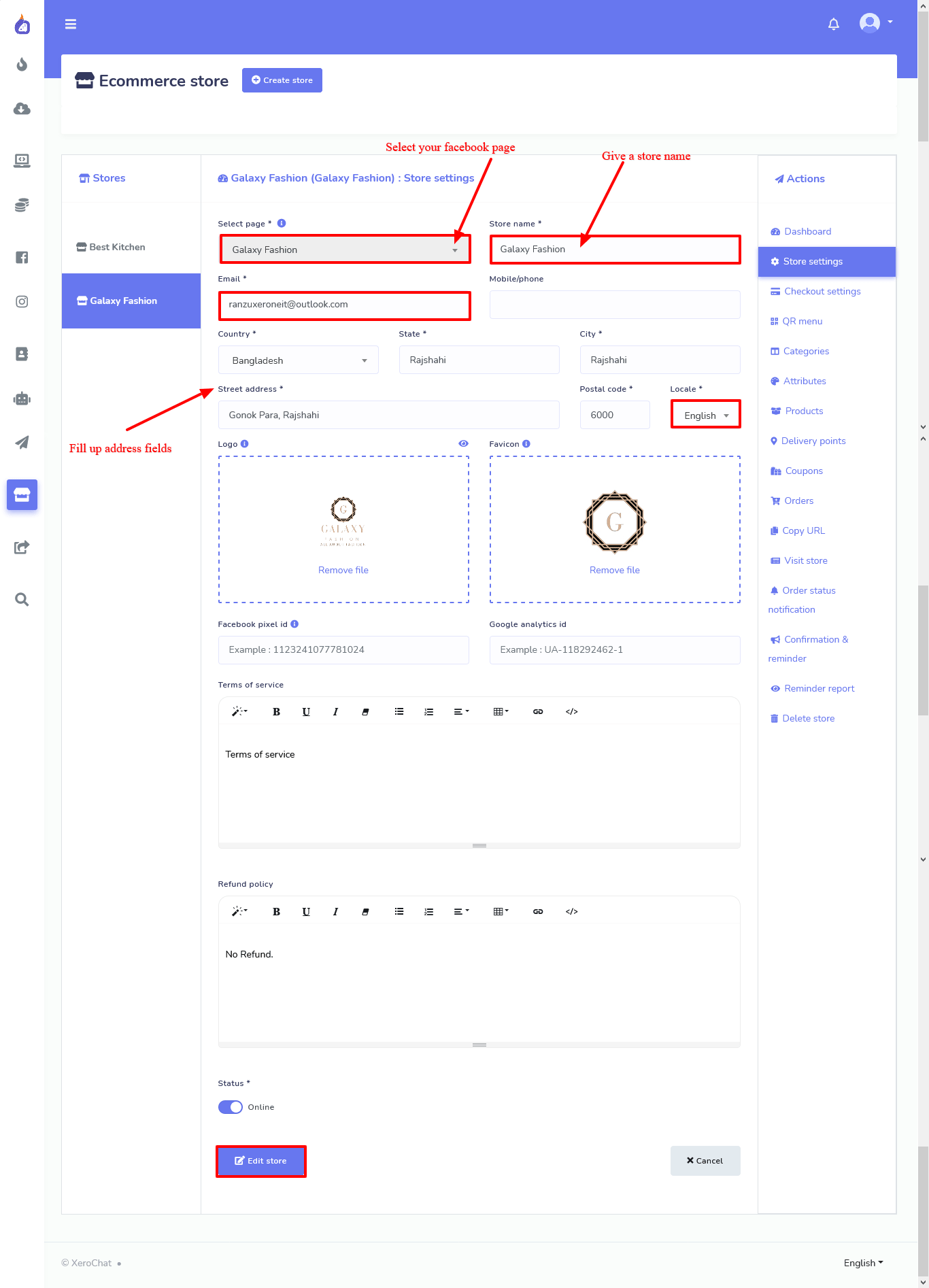 filling out a form to create a store